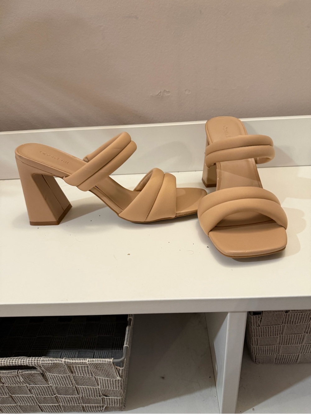 Open Edit Kyla Tan Padded Double Strap Block Heel Mules Square Toe Sandals 11M